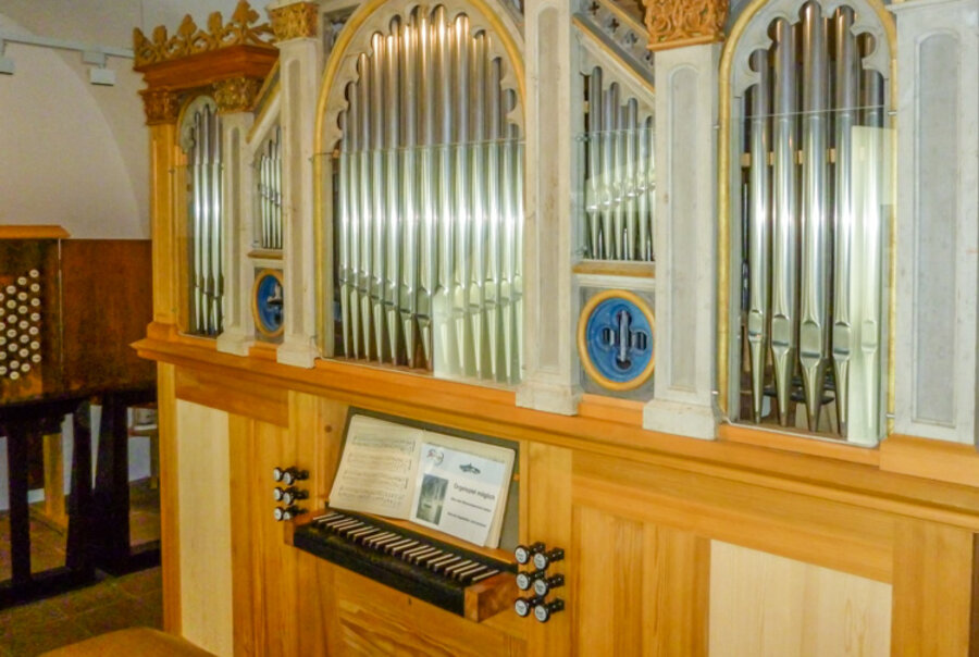 Aus Originalteilen nachgebaute Engelhardt-Orgel, Foto: Museum Schloss Herzberg am Harz Aus Originalteilen nachgebaute Engelhardt-Orgel im Museum Herzberg am Harz